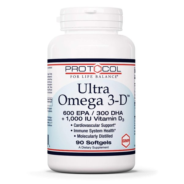 Protocol Ultra Omega 3-D - 600mg EPA, 300mg DHA & 1,000 IU Vitamin D3 - Fish Oil for Brain Support, Heart & Nervous System Health* - EPA DHA Omega Supplement - Non-GMO & Halal - 90 Softgels