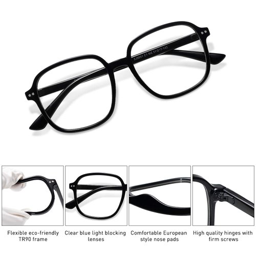 SOJOS Square Blue Light Blocking Glasses Oversized for Women TR90 Frame Filter SJ5081 with Black Frames/Anti-Blue Light Lenses