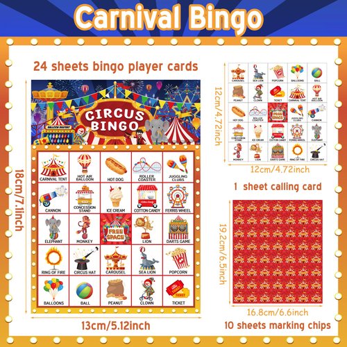 Liliful 35 Pcs Carnival Party Games 24 Players Circus Bingo Games Carnival Party Bingo Cards for Boys Girls Adults Family Classroom Activities Carnival Birthday Party Favors Supplies