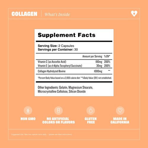 Health by Habit Collagen Supplement (60 Capsules) - Vitamin C & Vitamin E, 2000mg, Collagen Peptides, Superior Absorption, Support your Skin, Non-GMO, Sugar Free (1 Pack)
