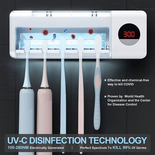 UV Toothbrush Sanitizer, HouseGem Toothbrush Sanitizer Holder, Sterilization & Timing Functions, 2000mAh Rechargeable Cordless Wall Mounted Toothbrush Sterilizer for Bathrooms (White)