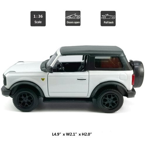 2-Door Bronco Badlands Model Car 1/36 Scale Diecast Toy Cars Metal Alloy Children’s Vehicles, Pull Back Doors Open, Black Rim, Mens Collection, Kids Toys for Boys Gifts, Cake Topper Home Décor, White