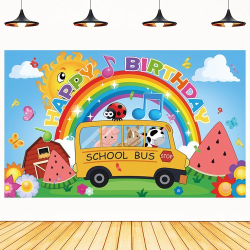 Cartoon Melon Birthday Party Supplies,Kid Party Decorations Banner School Bus Backdrop Boys and Girls Happy Birthday Backdrop（70X43IN）