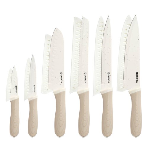 GOODA 12PCS Knife Set with Covers,Nonstick Ceramic Coating Kitchen Knives Set,Stainless Steel Blade with Guards, Essential Knife Set for Kitchen,White