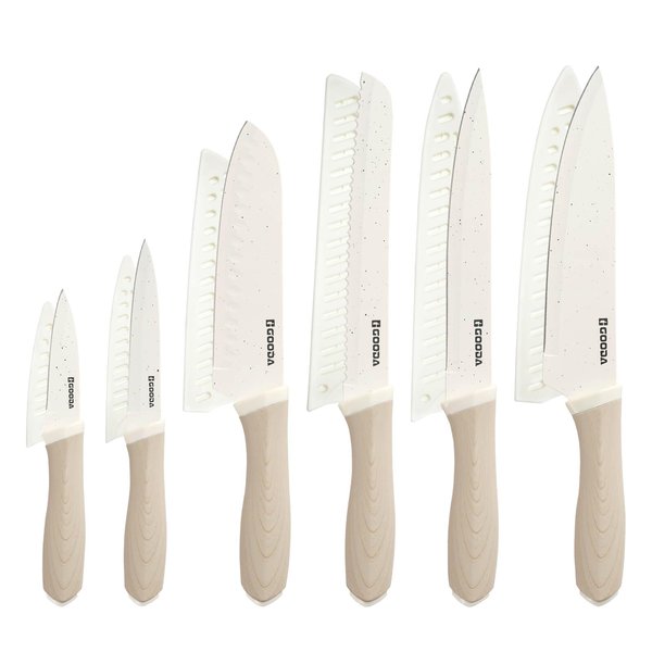 GOODA 12PCS Knife Set with Covers,Nonstick Ceramic Coating Kitchen Knives Set,Stainless Steel Blade with Guards, Essential Knife Set for Kitchen,White