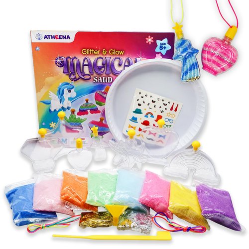 ATHEENA Sand Art Kit, DIY Crafts for Kids, Ages 5+, Summer Arts & Craft Activity, 7 Designs, 7 Colors, 1 Glow in The Dark Sand, 2 Glitters, Inspires Creativity, Birthday, Christmas Gift, Unicorn Fun