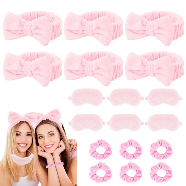 Casoty 18 Pcs Sleepover Essentials: Headbands, Plush Eye Masks, Velvet Scrunchies for Face Washing, Shower, Yoga, and Spa Relaxation