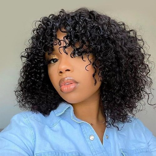SUPERNOVA Short Afro Curly Wig With Bangs Natural Black Royal Curly Human Hair Wigs For Black Women 180 Density Full Machine Made None Lace Front Afro Short Curly Wig Natural Black Fringe Wig 14 Inch