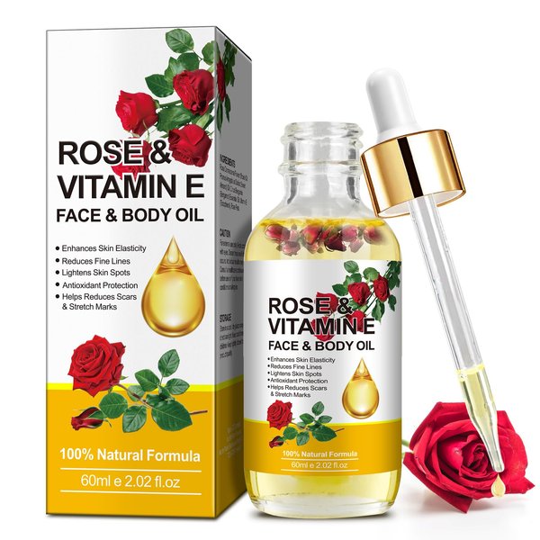 Xaarty Vitamin E Oil, Rose & Vitamin E Oil, Pure and Natural Skincare Body Oil, Premium Grade Essential Oils for Skin Moisturizing, Anti-Aging, Reduce Pigmentation, Quickly Absorbed, 2.02 Oz