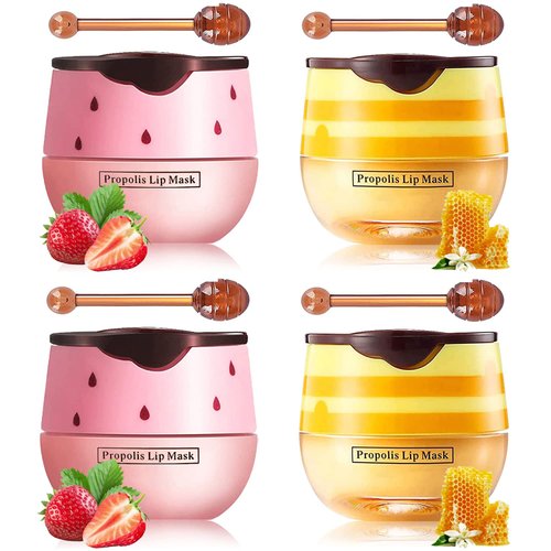 Honey Lip Balm Pot, Propolis Lip Mask, Strawberry Hydrating Propolis Lip Sleeping Mask, Prevent Dry&Cracked, Lip Repair Nourishes the Lip Skin (honey&straberry&cherry&apple)