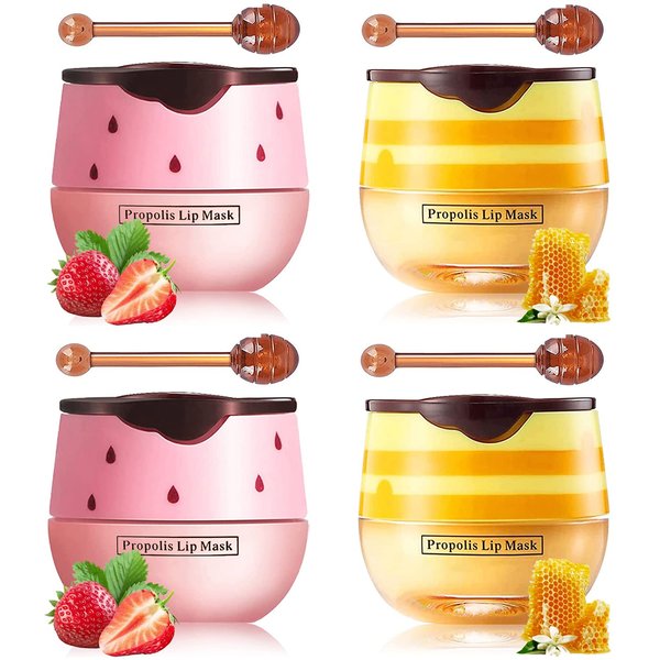 Honey Lip Balm Pot, Propolis Lip Mask, Strawberry Hydrating Propolis Lip Sleeping Mask, Prevent Dry&Cracked, Lip Repair Nourishes the Lip Skin (honey&straberry&cherry&apple)