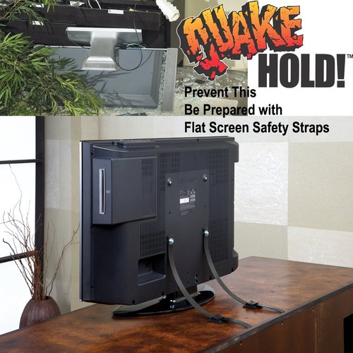 QuakeHOLD! 40" Universal Flat Screen TV Safety Straps, Nylon Anti-Tip Adhesive Straps, Earthquake, Fire, Flood Protection, For TVs and Furniture, Child Proofing, Easy Installation, Black, 1 Pack