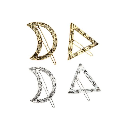 Vintage Moon Triangle Alloy Barrettes Hair Clip Bobby Pins - Numblartd 4 Pcs Women Lady Gold and Silver Metal Geometric Hairpin Side Clip Hair Accessories