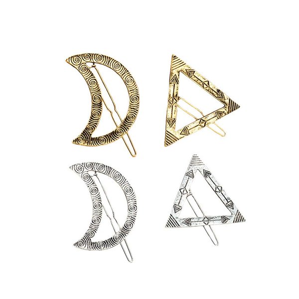 Vintage Moon Triangle Alloy Barrettes Hair Clip Bobby Pins - Numblartd 4 Pcs Women Lady Gold and Silver Metal Geometric Hairpin Side Clip Hair Accessories