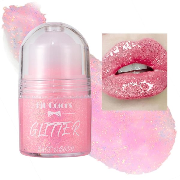 GL-Turelifes Body Glitter Gel, Roll-on Face Glitter for Body Face, Eye, Lip &Hair Festival Rave Accessories, Holographic Mermaid Glitter Gel,Body Shimmer Halloween Makeup (#05 Peach Pink)