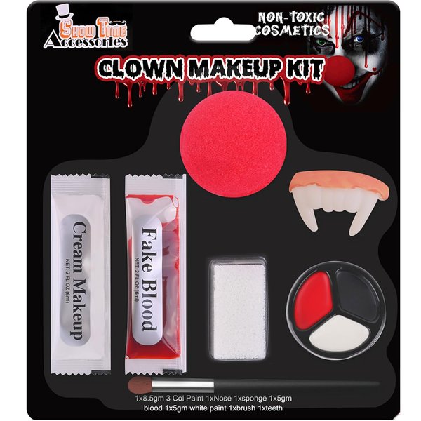 Halloween SFX Makeup, Face Painting Kit, Halloween Makeup, Black White Red Face Paint + Fake Blood + Halloween teeth + Foam Clown Nose, Halloween Special Effects SFX Clown Skeleton Cosplay