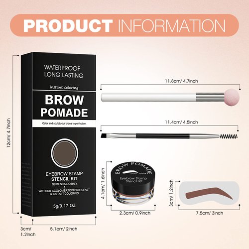 Eyebrow Stamp Stencil Kit - for Waterproof Eyebrows Makeup, Brow Stamp Trio Kit with Sponge Applicator, Dual-ended Brow Brush, 10 Eyebrow Stencils, Waterproof Eyebrow Pomade (Chocolate)
