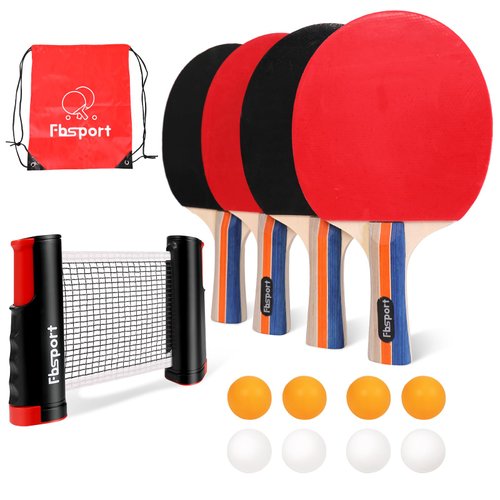 FBSPORT Ping Pong Paddle Set, Table Tennis Set with 4 Rackets and 8 Balls, Retractable Net with Storage Bag - Pingpong Paddle Accessories for Indoor/Outdoor Games