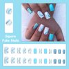 MISUD Short Square Press on Nails Squoval Fake Nails Glossy Glue on Nails Summer Blue Swirl Artificial Acrylic Nails Bling Glitter Stick on False Nails with Design 24 pcs