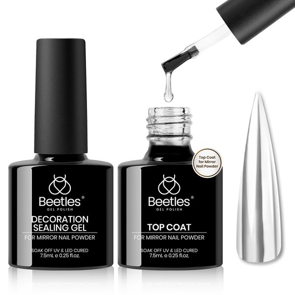 Beetles Gel Top Coat for Chrome Nail Powder and Decoration Sealing Gel, 7.5ml*2PCS Shine Finish and Long Lasting Nail Gel Glue, Soak Off LED Nail Lamp Gel Nail Art Design