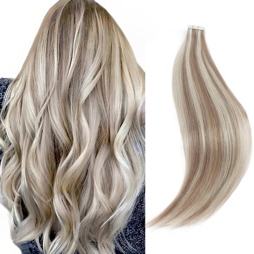 Sixstarhair Tape In Hair Extensions Blonde Highlights 100 Real Human Hair Professional Beautiful Color Gold Blonde With Ash Blond and Most Invisible Hair Extensions Tape In [Color P20-60#-22 inch]