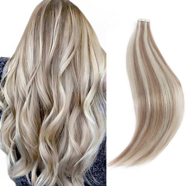 Sixstarhair Tape In Hair Extensions Blonde Highlights 100 Real Human Hair Professional Beautiful Color Gold Blonde With Ash Blond and Most Invisible Hair Extensions Tape In [Color P20-60#-22 inch]