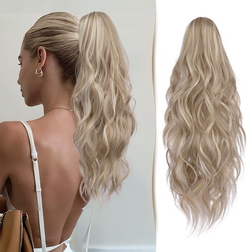 Sidaila 18" Ponytail Curly Claw Clip in Hair Extensions Jaw Clip on Ponytails for Women Wavy Long Ponytail Extension Synthetic Fake Hair for Thinning Hair - Dark Ash Blonde Mixed Bleach Blonde
