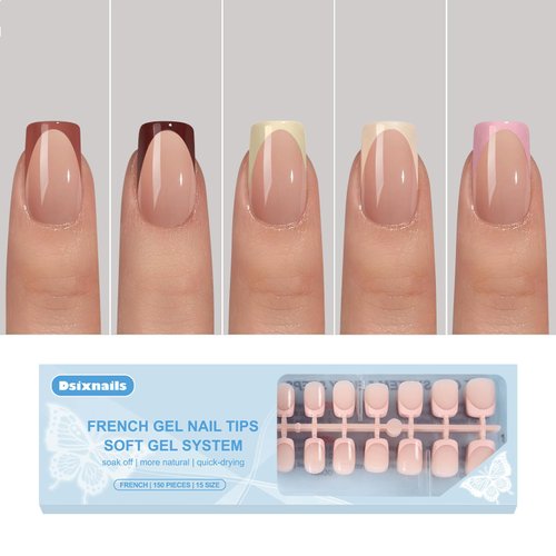 Dsixnails French Gel Nail Tips, 5 Colors Short Square French Tip Press on Nails with Design, 3 in 1 Soft Pre-lasting French Tip Nails, French Acrylic Fake Nails Extension for Women (150pcs/15Sizes)