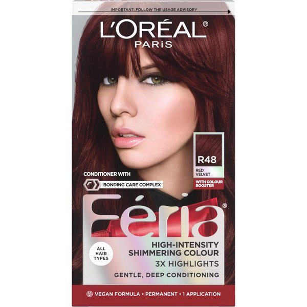 L'Oreal Paris Feria Multi-Faceted Shimmering Permanent Hair Color, R48 Red Velvet (Intense Deep Auburn), Pack of 1, Hair Dye