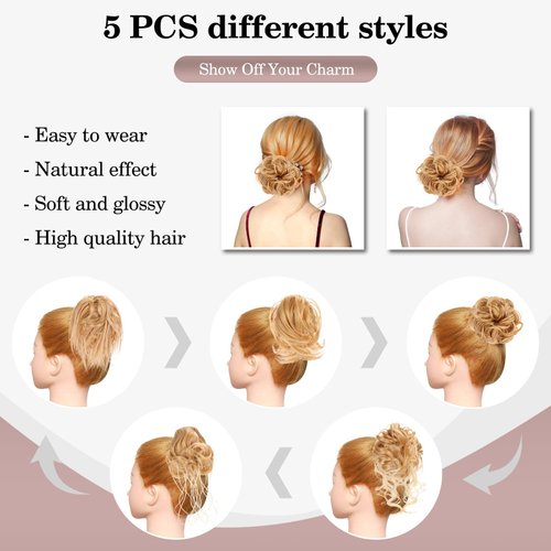BOGOLDIE 5 Pcs Messy Hair Bun Women Hairpiece Messy Curly Hair Bun Tousled Updo Elastic Rubber Band Extends Ponytail For Women Girls (m27/613)