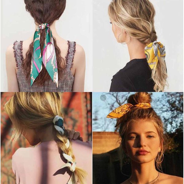 Yheakne Silk Hair Scarf Tie Chiffon Long Ponytail Holder Scrunchies Silk Long Tail Hair Band Vintage Bandana Hair Scrunchy for Women and Girls (Yellow E)