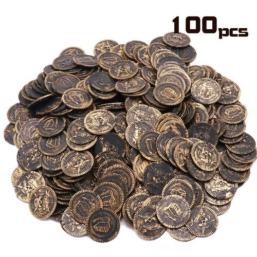 100 Pieces Plastic Pirate Gold Coins Set, Brown - Play Treasure Gold Coins for Pirate Themed Party, St. Patrick's Day, Treasure Hunt Game, Halloween and Christmas Decorations…
