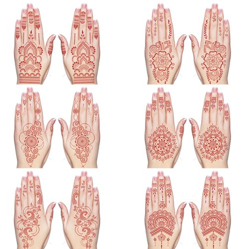 6 Sheets Henna Stickers Brown Waterproof temporary hand tattoo stickers Red Ink Henna Tattoo For ...