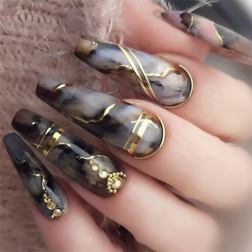 Tyuimhx Coffin Press on Nails Long Fake Nails Black Marble Texture False Nails with Gold Line Rhinestones Designs Full Cover Stick on Nails Acrylic Artificial Nails for Women Glue on Nails 24Pcs
