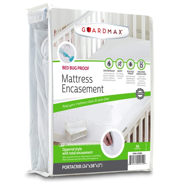 Guardmax Mini Crib Mattress Protector, 24 x 38 x 4, White, Waterproof, Hypoallergenic, Bed Bug Proof, Stretchable Zipper