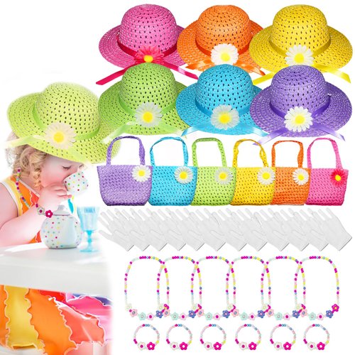 Vegove 6 Pcs Girls Tea Party Straw Hats Country Girl Dress Up with Purse, Gloves & Kits, Children's Summer Beach & Garden Birthday Party Supplies