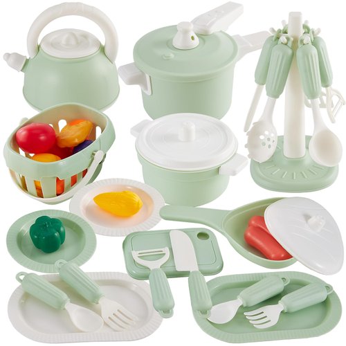 HYAKIDS Kids Pots and Pans Set Toy Play Kitchen Accessories, Pretend Role Play Food Set, Cookware Holder, Play Dishes, Cooking Utensils, Gifts for Girls Boys