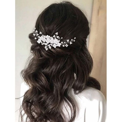 Gorais Flower Bride Wedding Hair Comb Silver Opal Bridal Hair Pieces Pearl Headpiece Hair Accessories for Women and Girls