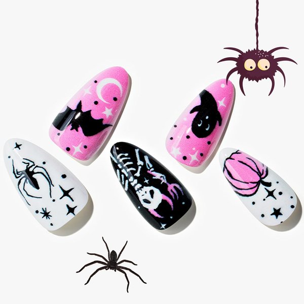GLAMERMAID Press on Nails Short Almond for Halloween, Gothic Pink White Fake Nails Gel with Design Medium Oval Glue on Nails for Women, Pumpkin Reusable Black Acrylic False Nail Kits Stick on Nail