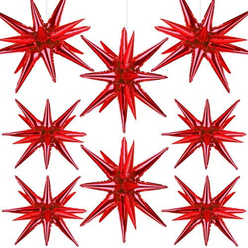 Wrbin 8 Pcs Red Star Balloons, 27/22 inch One-Piece Explosion Balloons Aluminum Foil Balloons for Birthday, Christmas, Wedding, Backdrop, Anniversary, Graduation Party Decorations(Red)