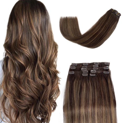Ombre Clip in Hair Extensions Seamless Long Straight Real Hair Extensions Clip in Human Hair Soft Natural Dark Brown to Ash Brown Highlights Real Hair Extension Clip ins 5pcs 70g 16 Inch