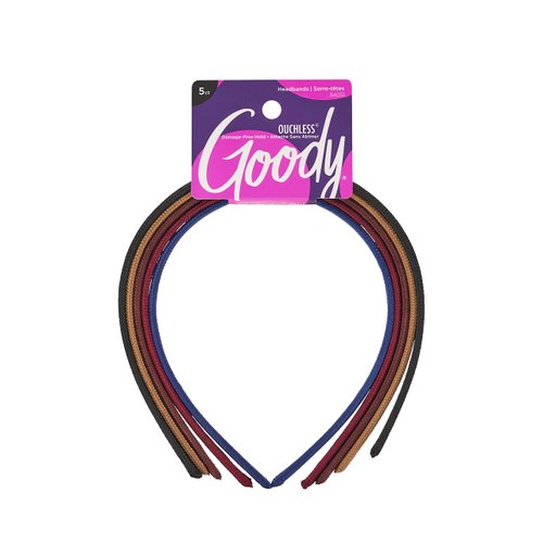 Goody Ouchless Shoestring Headbands - 5 Ct, Assorted Colors, Stylish & Lightweight Thin Headbands, Damage-Free Fabric Headbands for Women & Men, All-Day Comfort, For All Occasions, All Hair Types