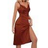 LYANER Women's Satin Drape Cowl Neck Sleeveless Strappy Cami Split Slit Cocktail Party Midi Dress Rust Brown Small