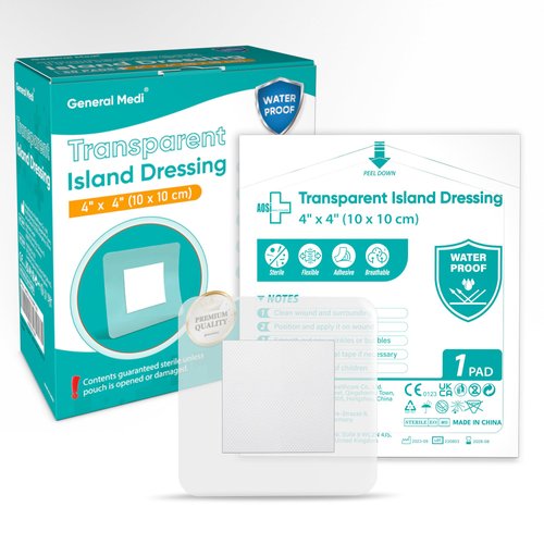 General Medi Waterproof Transparent Adhesive Island Dressing (50 Count, 4" x 4"), Wound Care Pad with Adhesive Border - Sterile, Soft & Highly Absorbent Medical Grade Dressing Pad