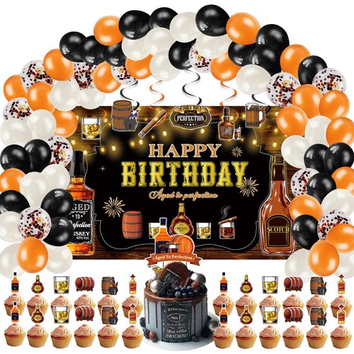 Whiskey Birthday Party Decorations for Men, 110 Pcs Aged to Perfection Party Supplies Balloons Garland Arch Kit for Mens 30th 40th 50th Backdrop, Cake, and Cupcake Toppers, Latex Balloon, Foil
