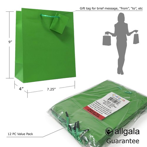 allgala 12PK Value Premium Solid Color Paper Gift Bags (09" MED-Green-GP50071)