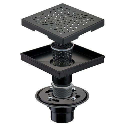 Matte Black Shower Drain with Flange, HIDROP SUS 304 Stainless Steel 6 inch Square Shower Floor Drain with Removable Hair Strainer