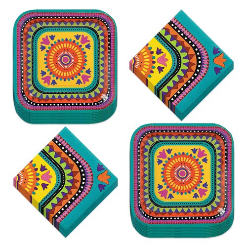 Fiesta Party Supplies - Teal Fiesta Paper Dessert Plates and Beverage Napkins (Serves 16)