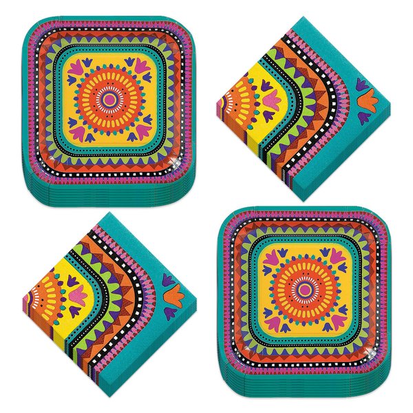 Fiesta Party Supplies - Teal Fiesta Paper Dessert Plates and Beverage Napkins (Serves 16)