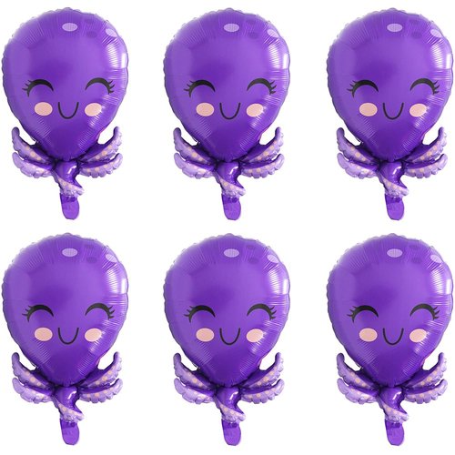 Cute Cartoon Octopus Balloon Ocean Animal Party Decorations, 6 Pack Purple Octopuses Mylar Balloons Under The Sea World Foil Balloons for Boys Girls Sea Underwater Animals Fish Party Supplies